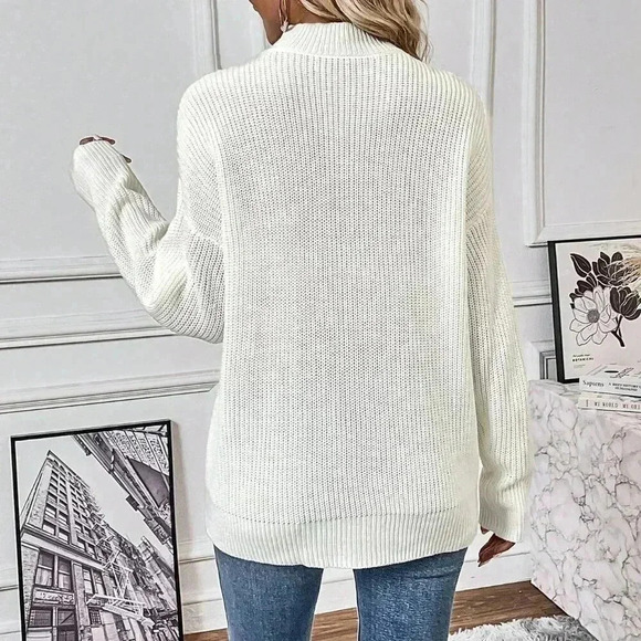 White Casual Women's Choker Neck Drop Shoulder Sweater - Picture 2 of 6